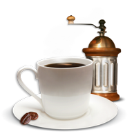 a cup of coffe with a coffe mill